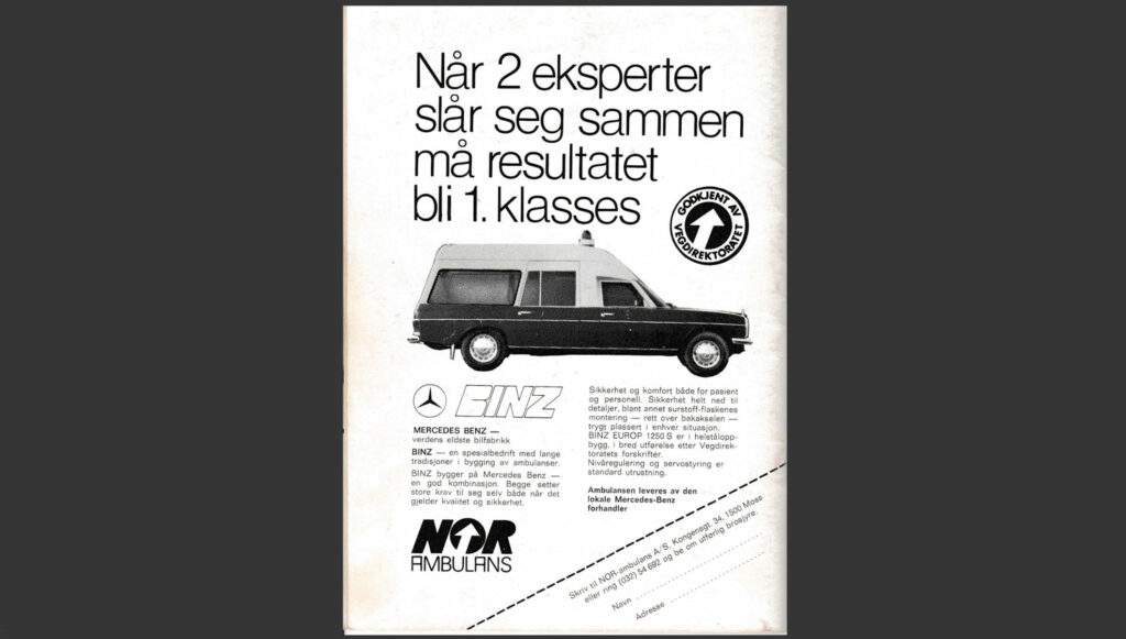En av annonsene i Ambulanseforum fra 1975.