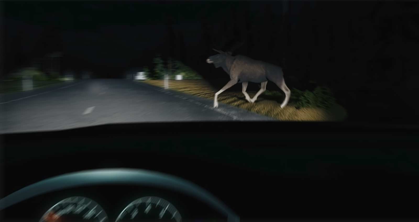 En digital elg løper ut i veibanen og utfordrer sjåføren. Illustrasjon fra Tenstar Simulation.